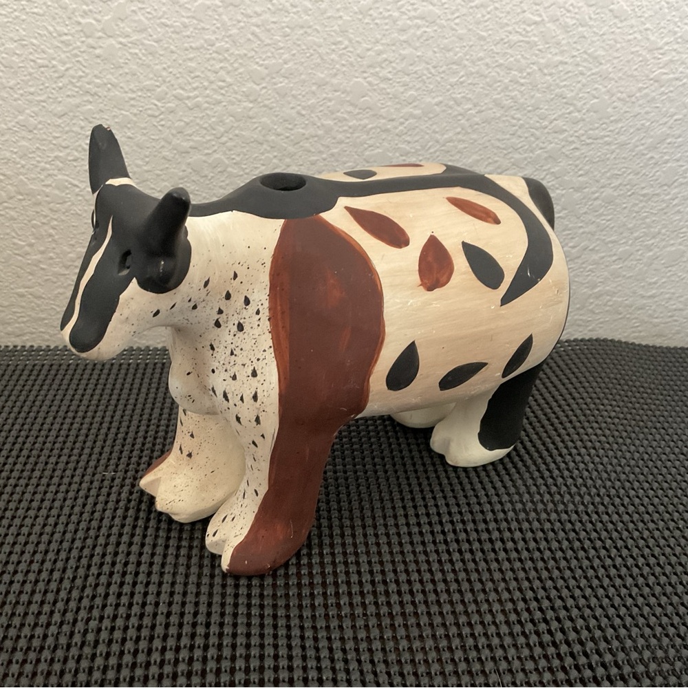 Zuni Artistic Cow Sculpture in Black, Brown, and Cream. Zuni Cow Ceramic MMA BMA